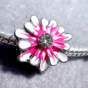 Pink‎ White Enamel Flower Bead Charm fits PANDORA